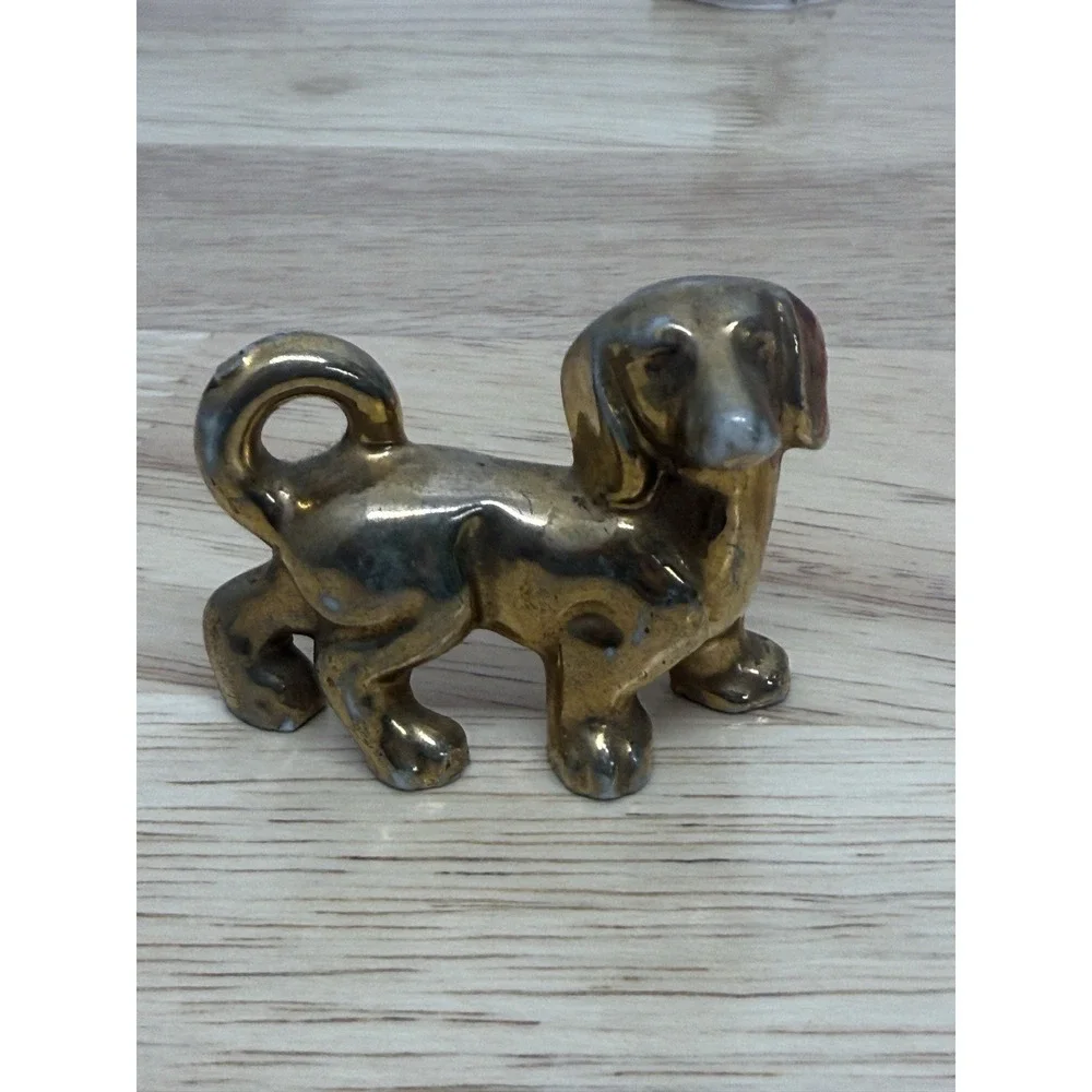 Ceramic Gold Colored‎ Dachshund Wiener Dog Miniature Figurine Japan 1950s #AA